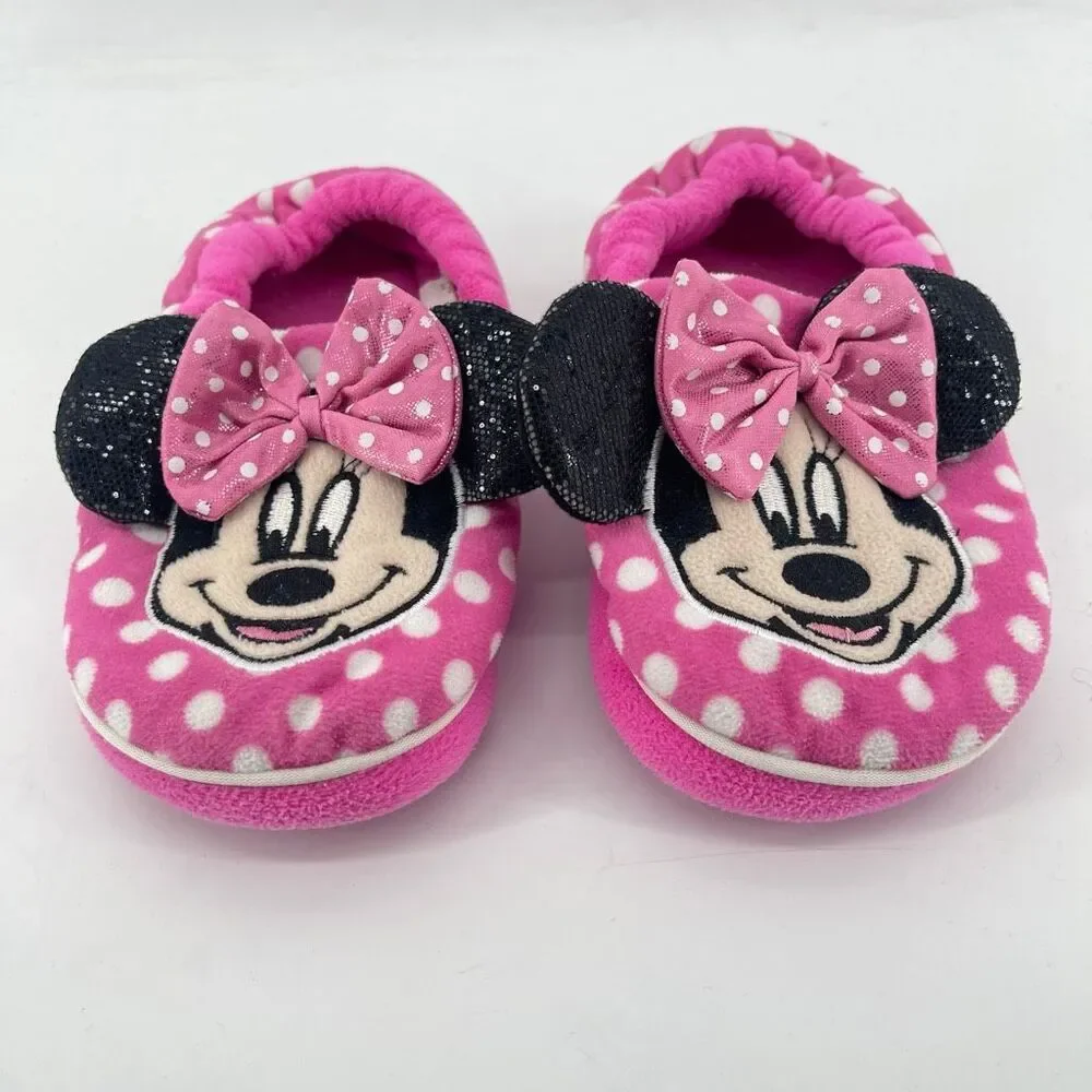 Disney Minnie Mouse Girls Pink Polka Dot Sequin Plush Slippers XL 11/12